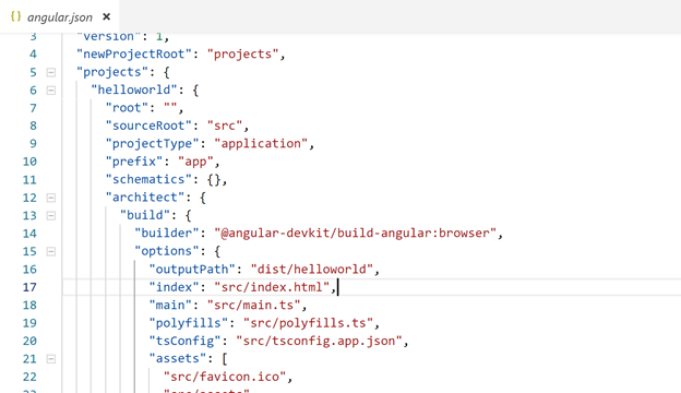 Another important file, which contains configuration for Angular CLI, is angular.json file Another important file, which contains configuration for Angular CLI, is angular.json file