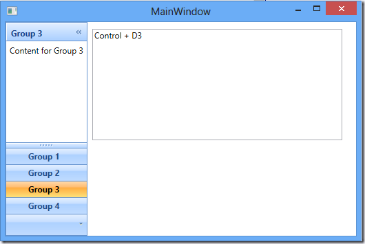 Now run the app, and our keyboard shortcuts will work as expected.  Pressing CTRL+3 will select the OutlookBarGroup to “Group 3”