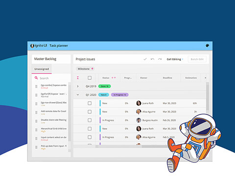 Dashboard featuring Ignite UI development toolkit Dashboard featuring Ignite UI development toolkit using data grid and list components.