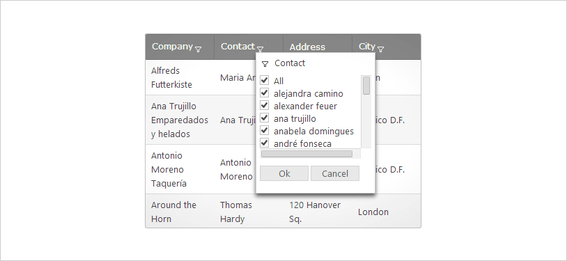 ASP.NET Data Grid Excel과 유사한 필터링