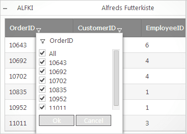 계층적 그리드: Excel 스타일 필터링