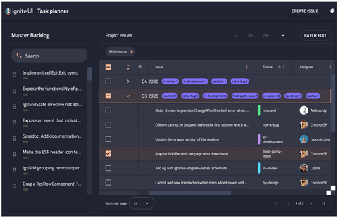 Angular Task Planner application featuring the data grid displaying tasks