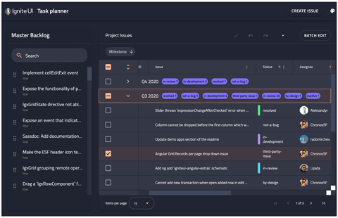 タスクを表示するデータグリッドを備えたAngular Task Planner アプリケーション