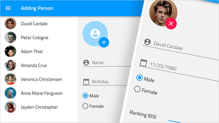 App showing contact list and form for adding people App showing contact list and form for adding people using Indigo.Design System components