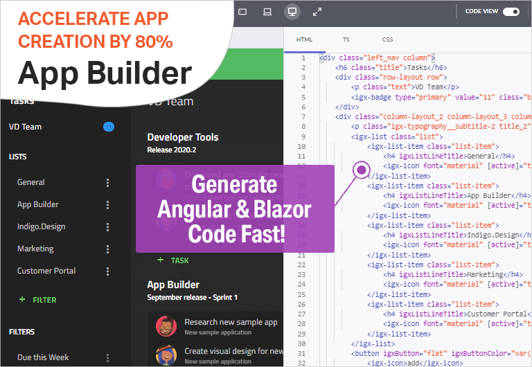 WYSIWYG drag & drop App Builder, featuring preview code for Angular and Blazor WYSIWYG drag & drop App Builder, featuring preview code for Angular and Blazor