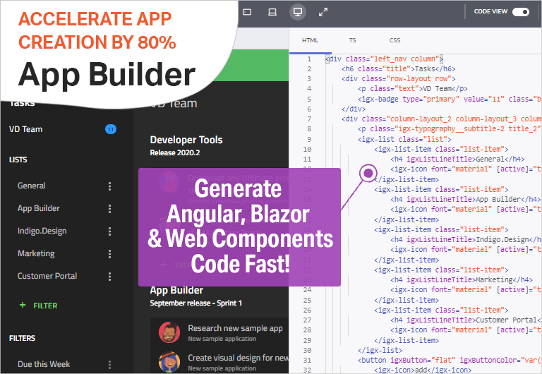 WYSIWYG drag & drop App Builder, featuring preview code for Angular and Blazor WYSIWYG drag & drop App Builder, featuring preview code for Angular and Blazor