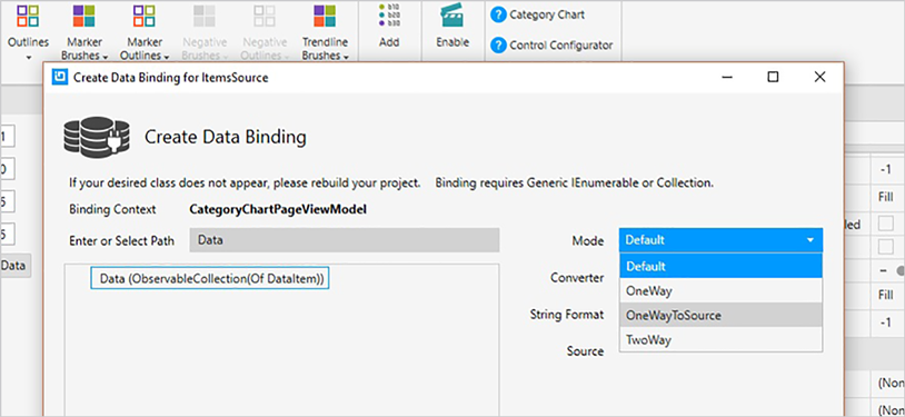 Ejemplo de enlace de datos para el control Gráfico de categorías de WPF