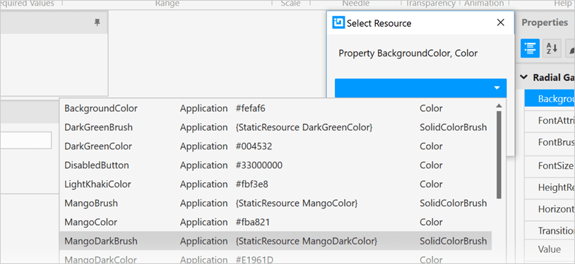 Ejemplo de selector de recursos para el control Medidor radial de WPF