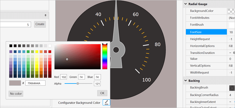 Personalización del color para fondos de control Medidor radial WPF