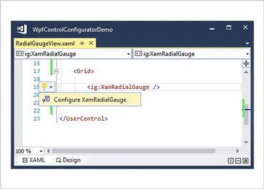 Ejemplo de editor XAML para el control Medidor radial de WPF