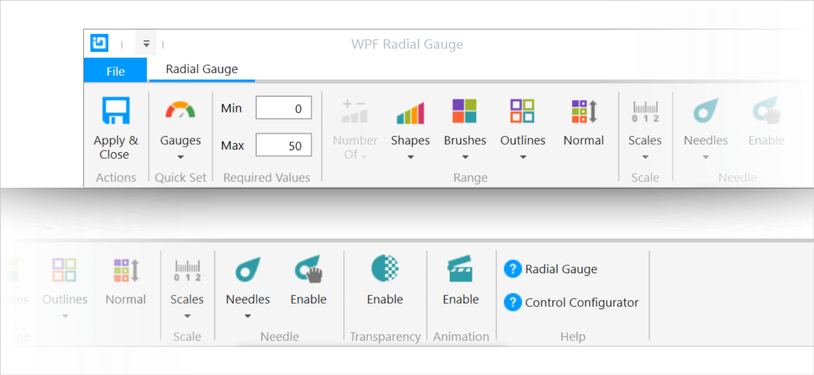 Ejemplo de galería de cintas para el control Medidor radial de WPF