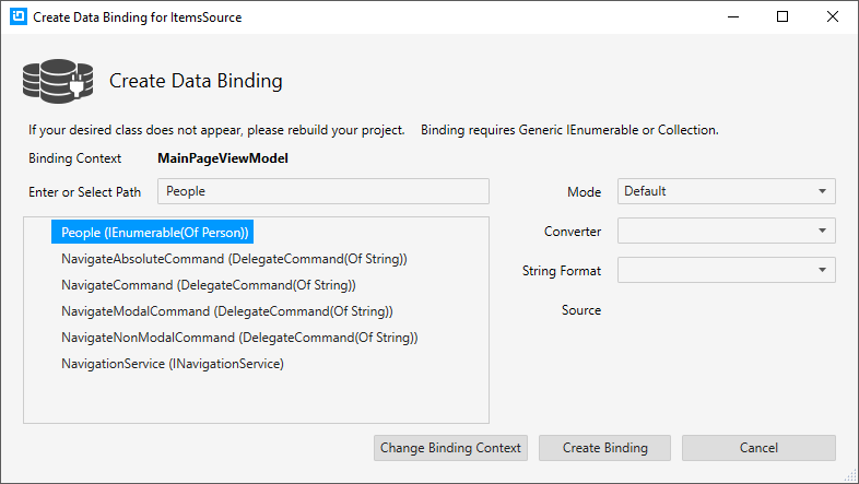 Xamarin Control Configurator Create Data Binding Menu