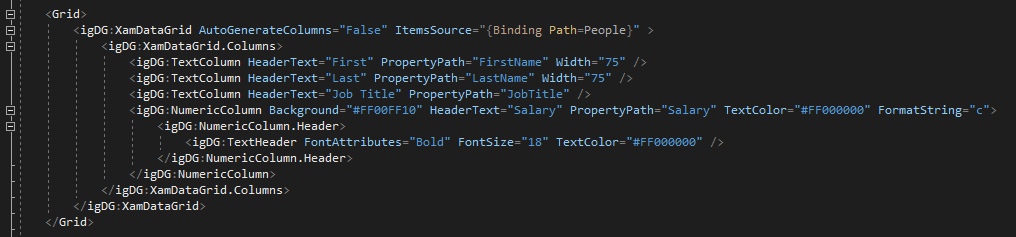 All the properties defined in the configurator have been generated in the XAML code.