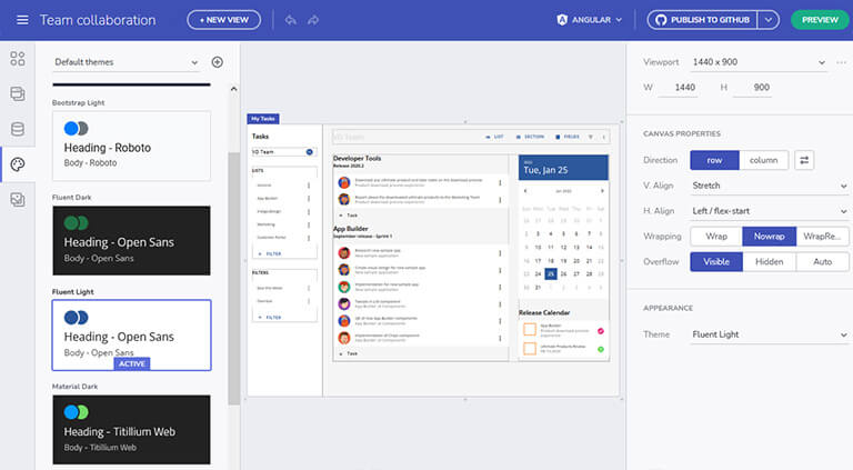 テーマの選択とキャンバスのプロパティの設定が可能なチームコラボレーションアプリを備えたApp Builder