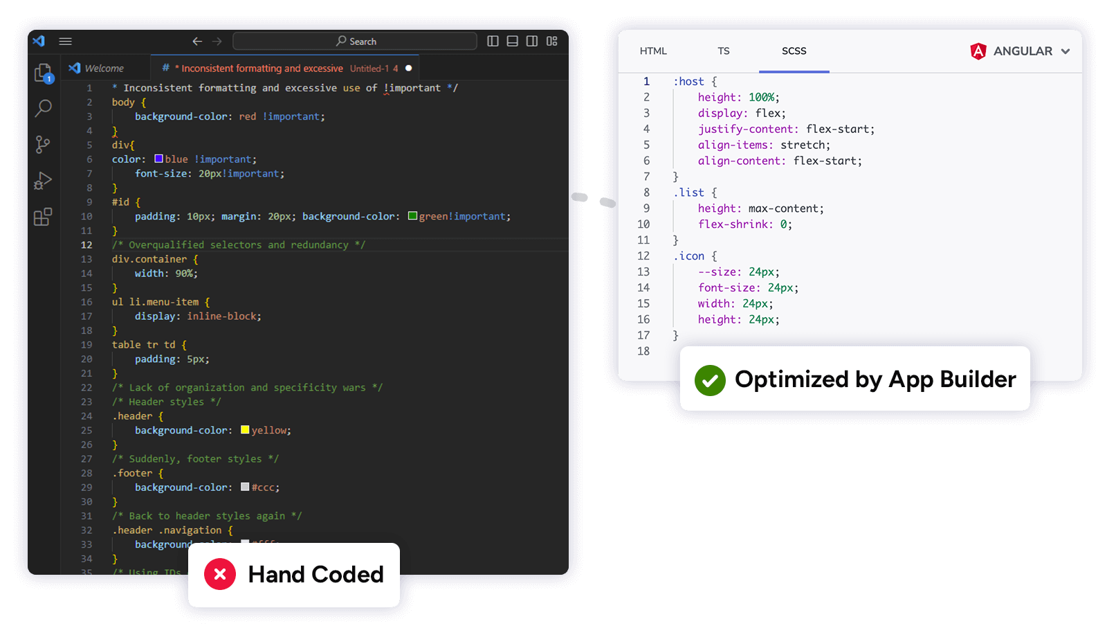 작업량을 줄이기 위해 App Builder와 Long Hand Code로 최적화된 Angular 코드