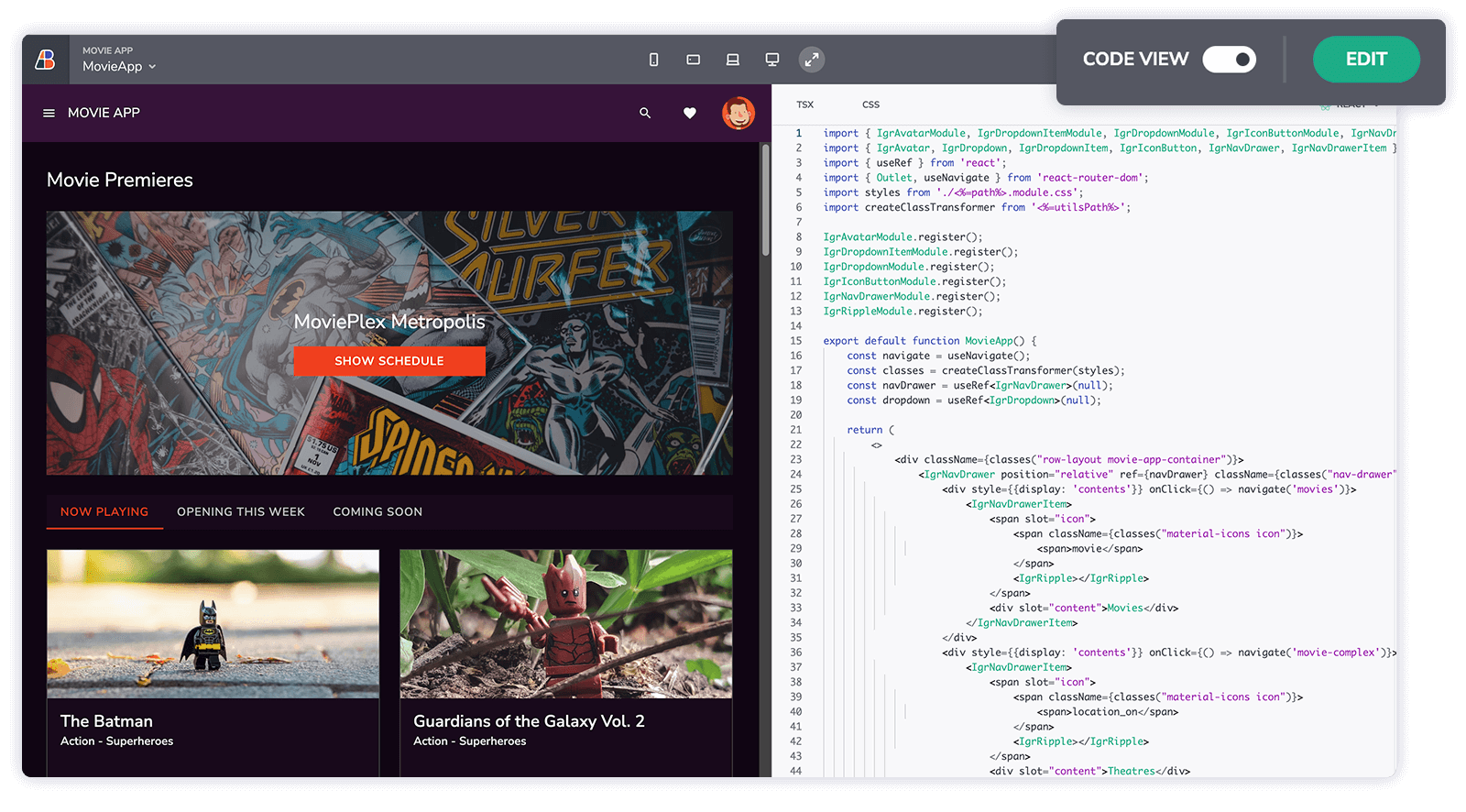 React App in App Builder with Side-by-Side App Preview and Code