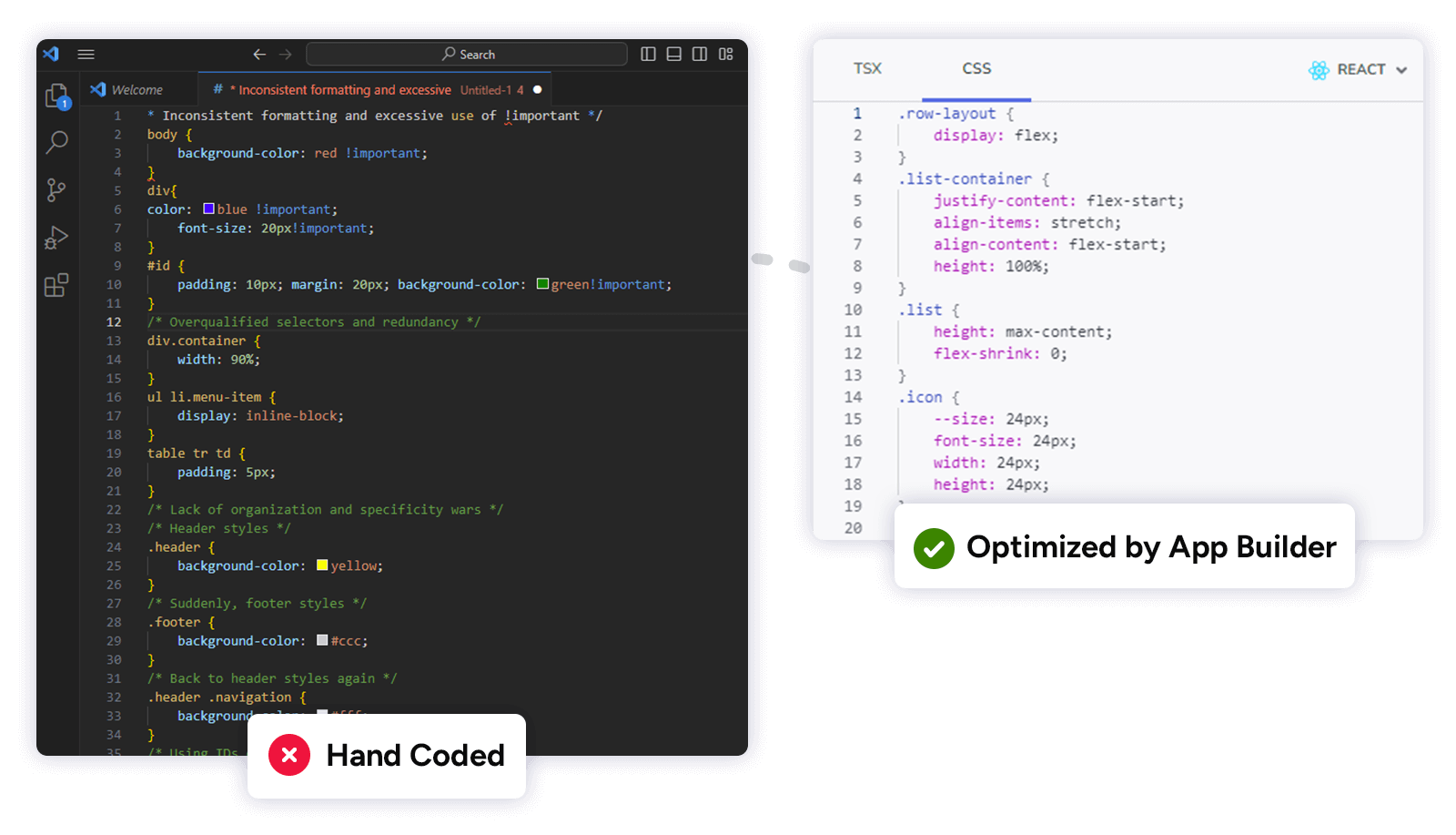 Código React optimizado con código App Builder frente a código a mano larga para reducir la carga de trabajo