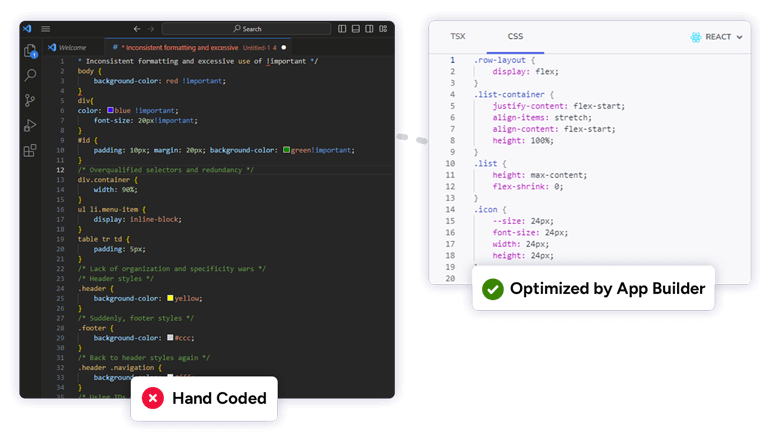 Optimized React Code with App Builder vs Long Hand Code 작업량을 줄이기 위해 App Builder 코드와 긴 코드로 최적화된 React 코드