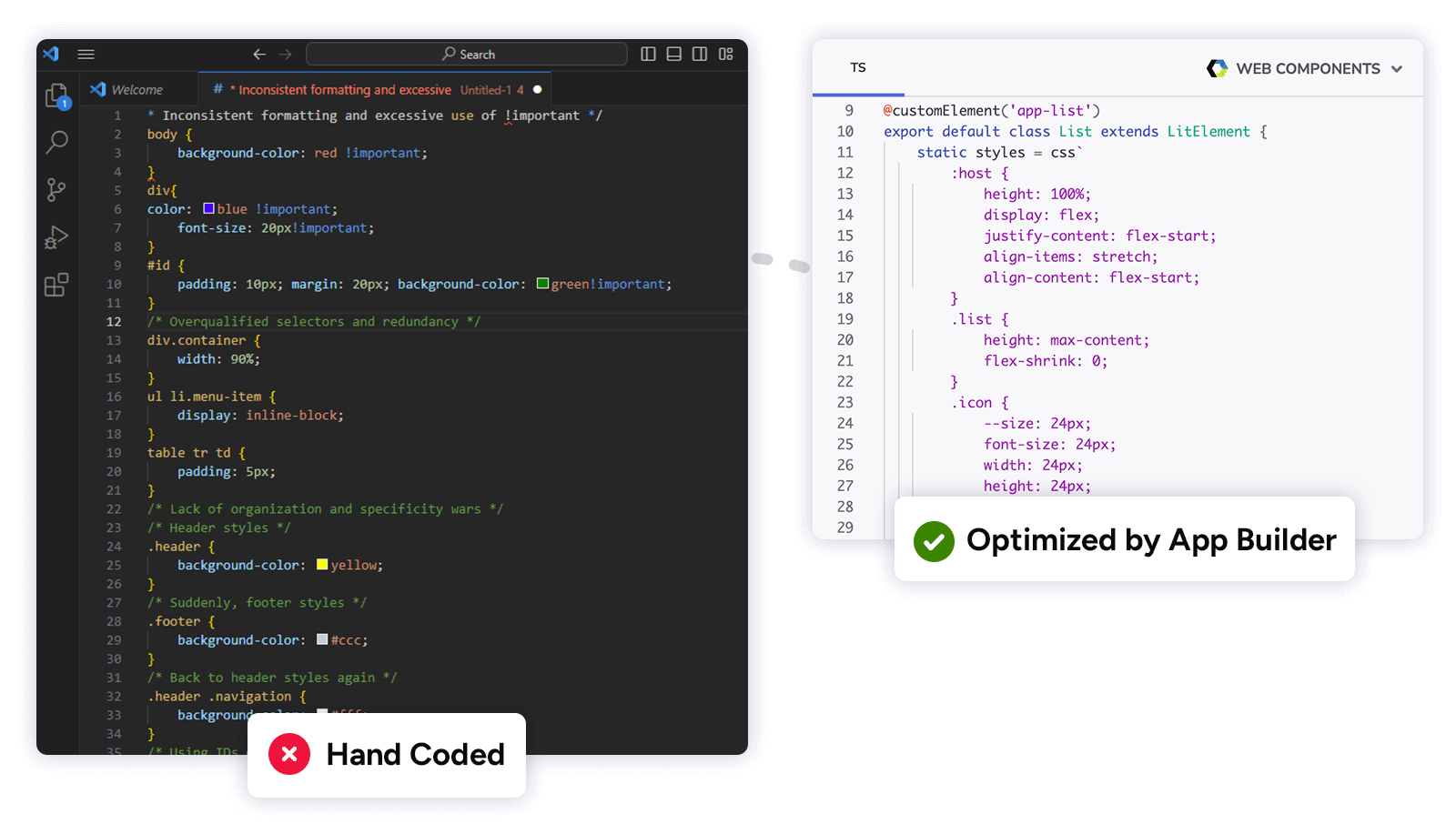 Optimized Web Components Code with App Builder vs Long Hand Code