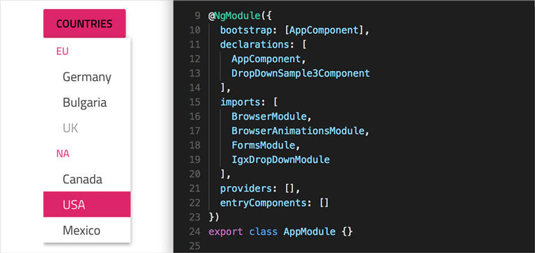 Angular 데이터 그리드의 드롭다운으로 선택 항목 탐색