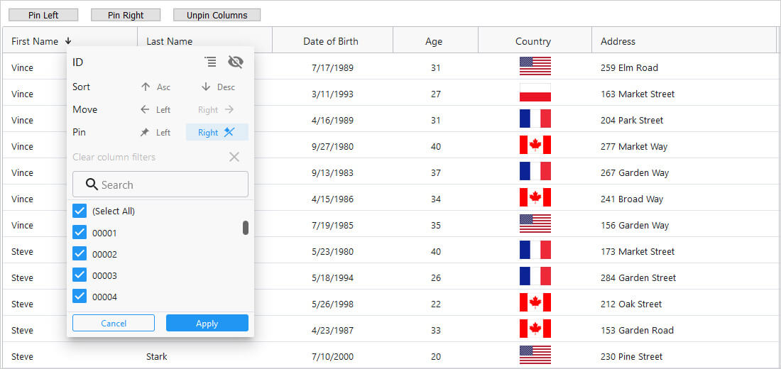 Ignite UI for Blazor Data Grid component displaying column pinning Ignite UI for Blazor Data Grid component displaying column pinning