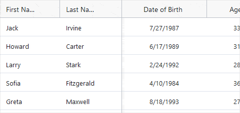 Ignite UI for React Data Grid component displaying column resizing Ignite UI for React Data Grid component displaying column resizing.