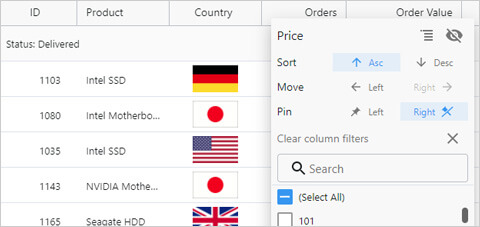 Ignite UI for Web Components Data Grid component displaying options dialog Ignite UI for Web-components Data Grid component displaying column options dialog
