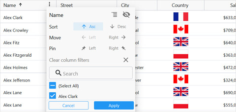 Ignite UI for Web Components Data Grid component displaying grid filtering Ignite UI for Web Components Data Grid component displaying grid filtering