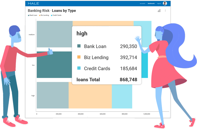 Reveal Banking Risk dashboard with illustrations ローンをタイプ別に表示するために最大化された銀行リスク ダッシュボードをReveal