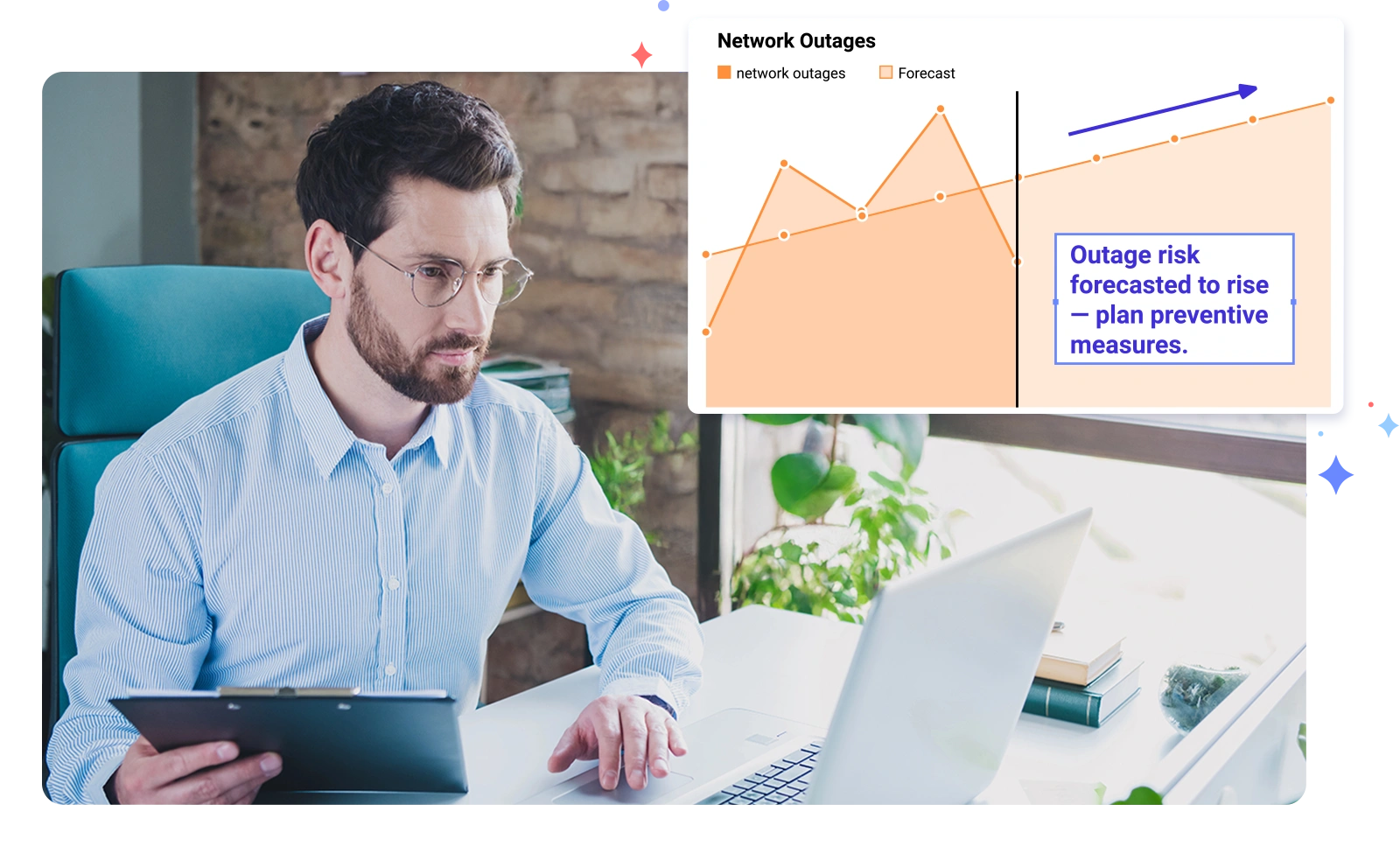 Operations leader looking concerned at laptop next to Slingshot chart annotated with projected network outage increases