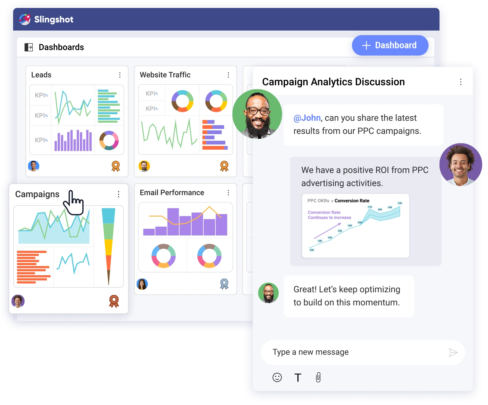 Dashboards and chat panel in Slingshot