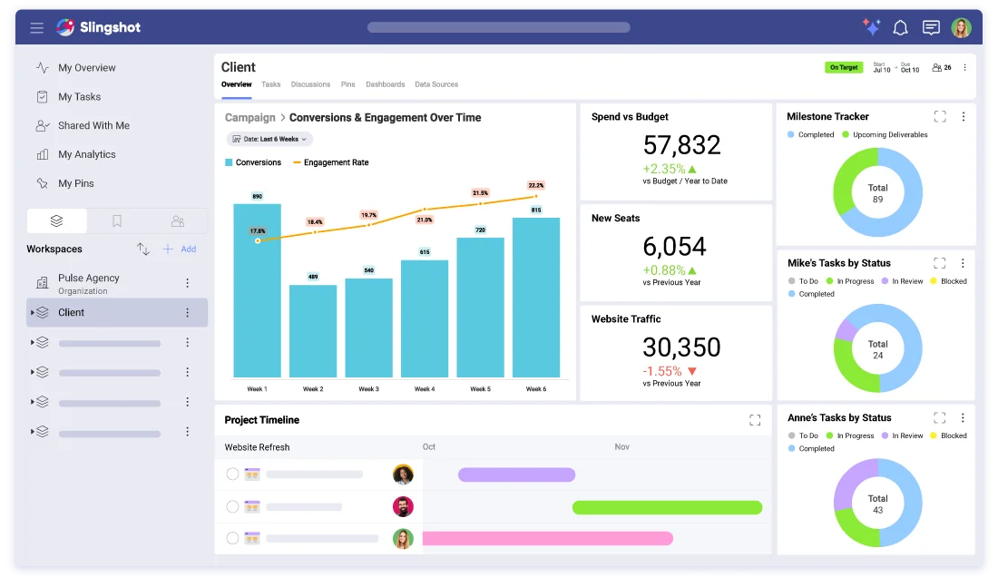 Agency Overview — track campaign status, deadlines, and client KPIs on one screen
