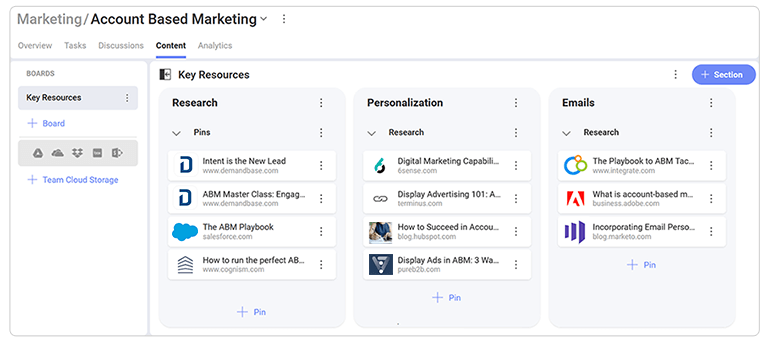 Slingshot showing content boards with pinned website links and documents Slingshot showing content boards with pinned website links and documents