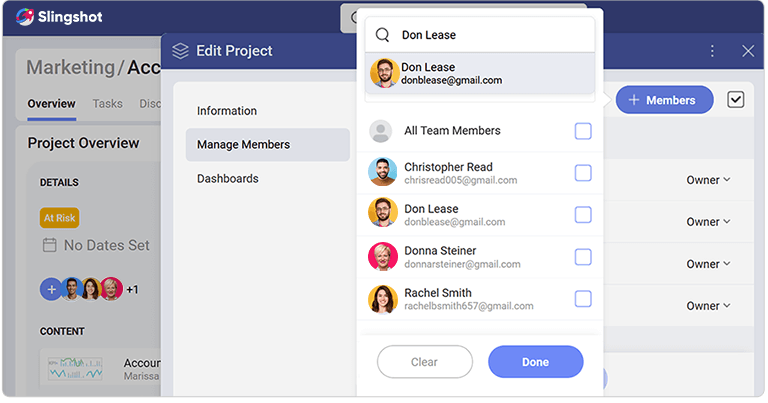 Slingshot featuring adding team members to a project Slingshot featuring adding team members to a project
