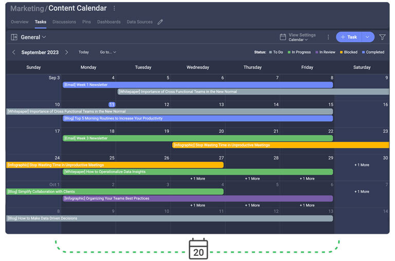 Content calendar showing tasks using Slingshot Content calendar showing content within tasks using Slingshot
