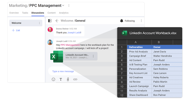 Slingshot featuring a discussion sharing a file Slingshot featuring a discussion sharing a Workback plan file