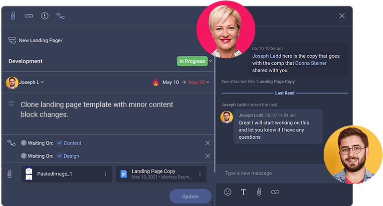 Slingshot featuring content pinned in a task and a team member notifying another within the chat of the task. Slingshot featuring content pinned in a task and a team member notifying another within the chat of the task.