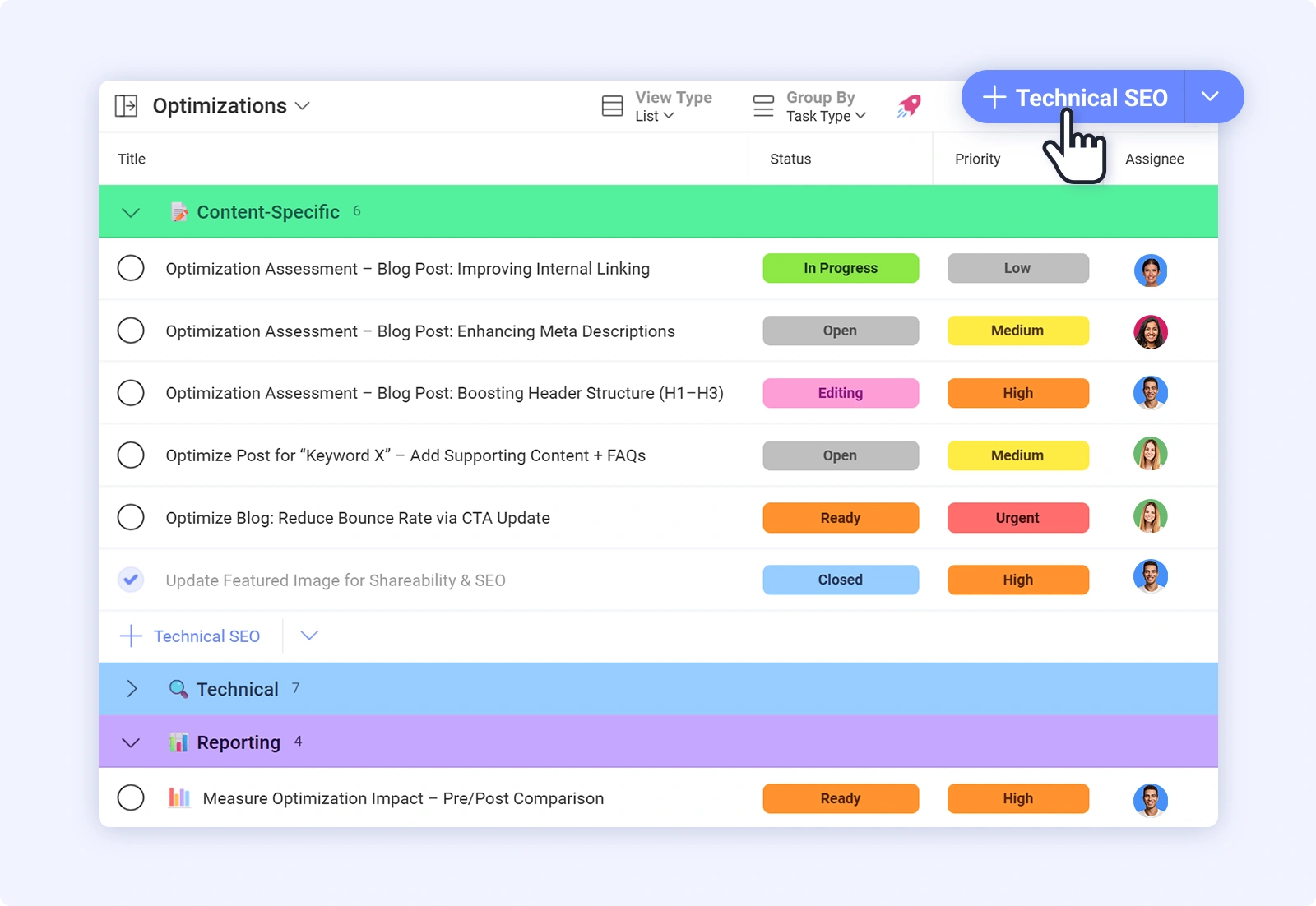 Optimizations project in Slingshot SEO management template
