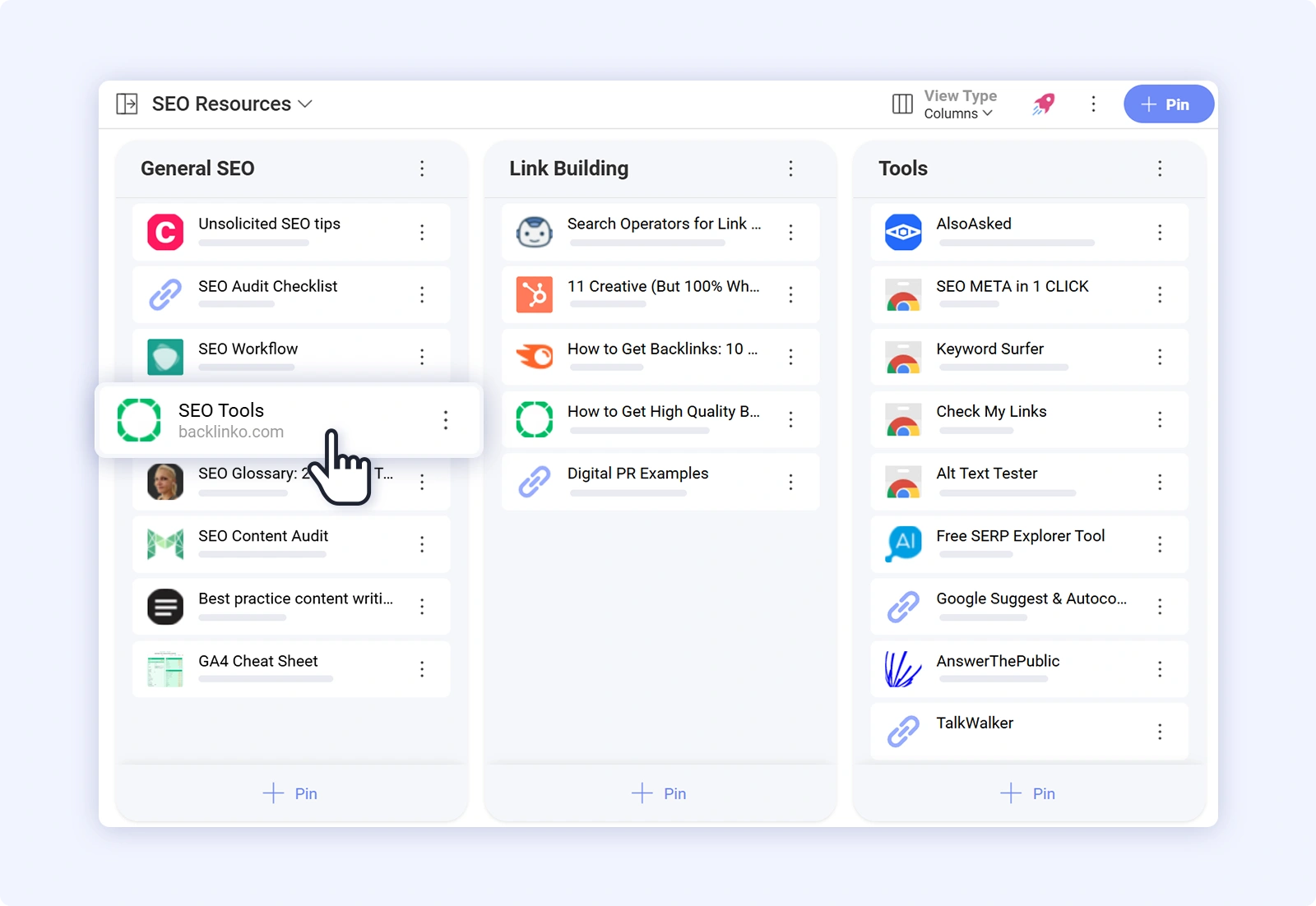 Pins in Slingshot as part of SEO management template