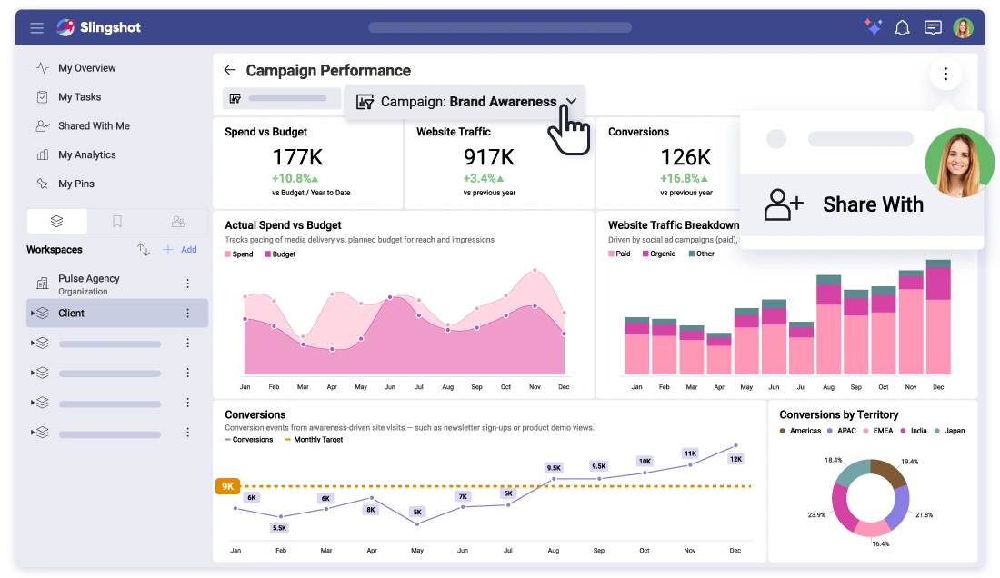 Campaign dashboard in Slingshot showing spend vs budget, traffic and conversion charts, with a popup to share the report with collaborators.