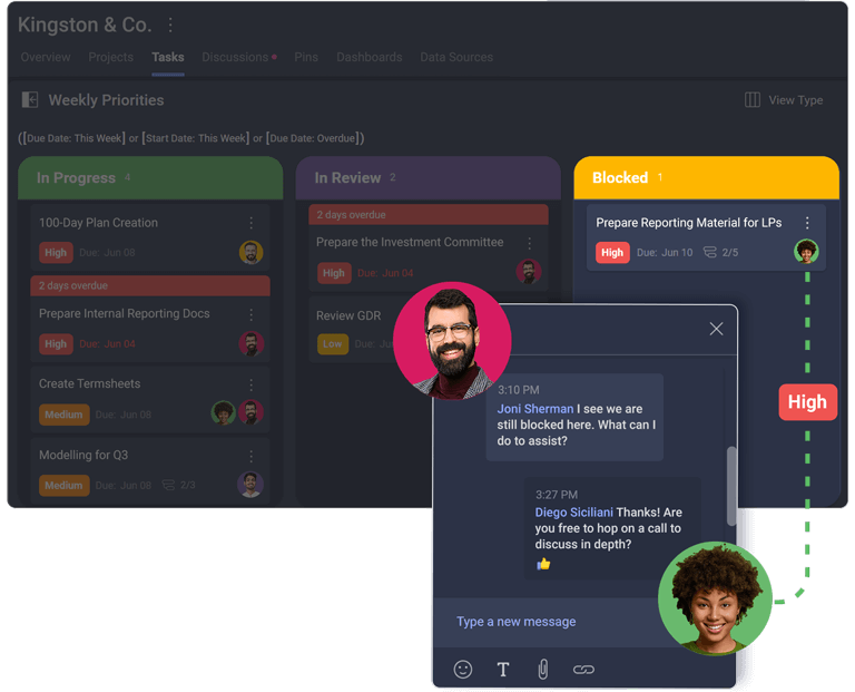 Slingshot Kanban View Highlighting Blocked Task Slingshot Kanban view highlighting blocked task with chat message